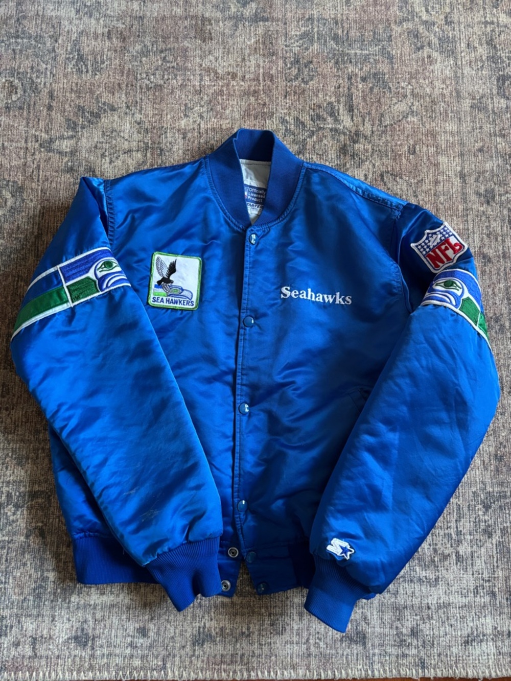Vintage Seattle Seahawks Blue Satin NFL Starter Jacket With Patches Size M